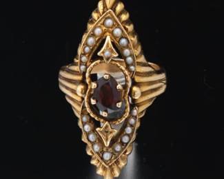 Victorian Gold, Garnet and Seed Pearls Nevette Ring