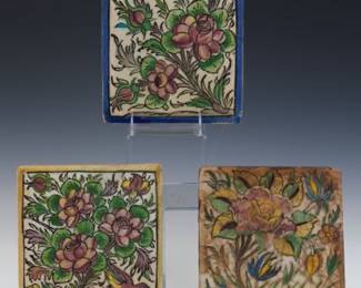 Group of Three HandPainted Floral Ceramic Tiles, Likely IndoPersian, 19th Century