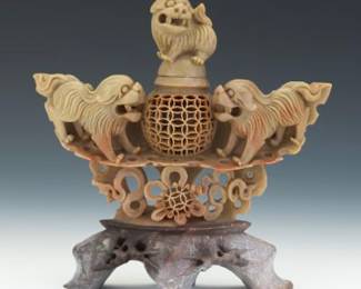 Chinese Very Finely Carved Soap Stone Temple Foo Lions Censor
