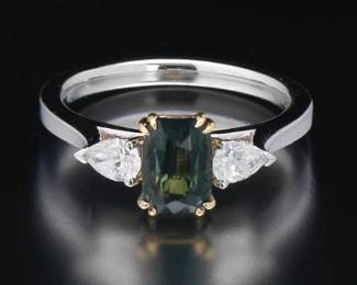 Ladies Gold, Green Sapphire and Diamond Ring