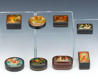 Fedoskino, Khalui, Palekh Russian Lacquer Eight Jewelry Boxes, by Different Artists