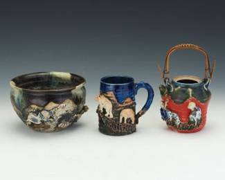 Group of Three Japanese Sumida Gawa Pottery Items