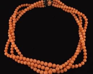 Ladies Vermeil Gold on Silver and Coral ThreeStrand Necklace