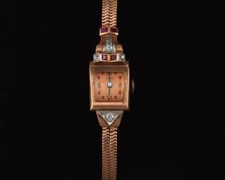 Ladies Retro Rose Gold, Diamond and Ruby Dress Watch