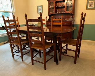 Double Pedestal Dining table, 2 leaves, 6 ladder back chairs, 