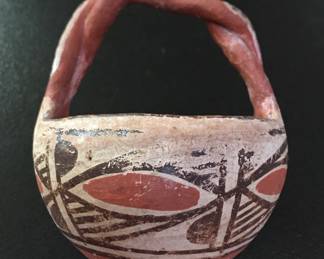 Antique Pueblo Pottery Basket with Braided Handle
