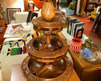 Interesting MCM three-tiered Lazy Susan (Monkey Pod wood)
