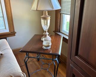 Wood and Iron End Table w Pair of Crystal Lamps