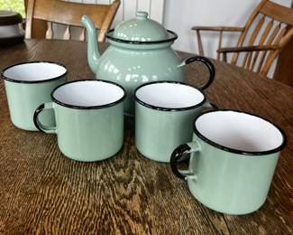 Vintage Huta-Selesia Green Enamel Teapot with 4 Cups