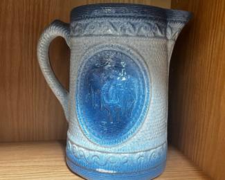 Antique Blue and White Stoneware Cow Salt Glazed Pitcher