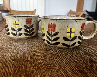 Pair Vintage Stoneware Flower Soup Mugs