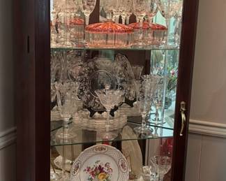 LIGHTED CORNER TRIANGLE CABINET, ROSEPOINT CRYSTAL