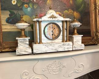 MARBLE ANTIQUE MANTLE CLOCK SET