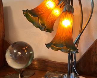 CRYSTAL BALL ON BRASS STAND, LILLY PAD TULIP LAMP