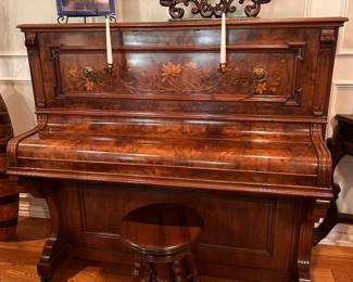BURLWOOD ANTIQUE UPRIGHT PIANO FROM GERMANY, GORGEOUS
