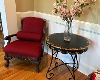 Pair of red chairs and metal side table