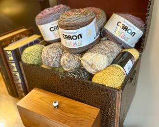 Skeins of yarn for needlework projects.