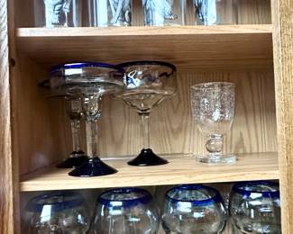 Mouth blown blue/clear stemware.