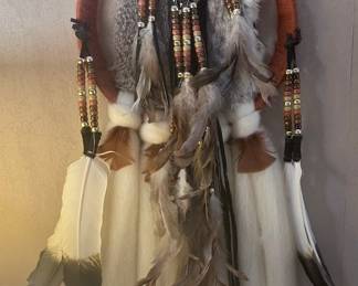 Native American wool, fur, feather & bead dreamcatcher.