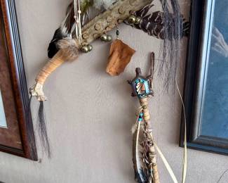 Native American rattle & bone dancing stick.