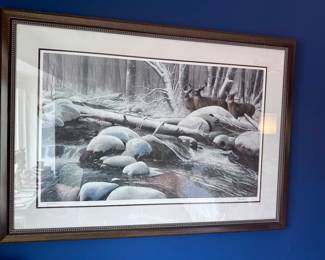 Signed art print, deer in winter.