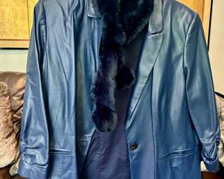 Navy Blue Leather blazer plus fur scarf