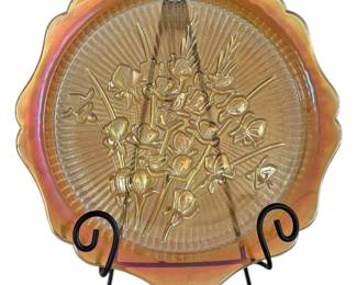 Marigold Carnival Glass Iris Plate on Stand