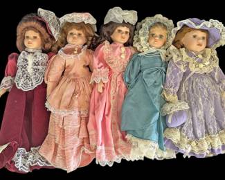 5 Vintage Dolls in Victorian Dresses