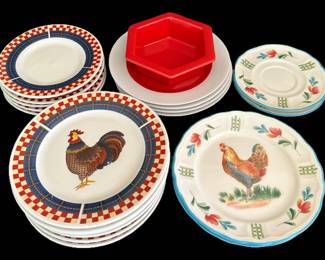 Assorted Red Blue Rooster Plates