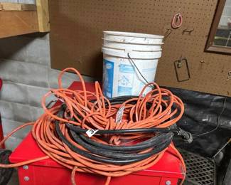 LOT OF EXTENSION CORDS AND BUCKET