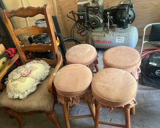 LADDER BACK ARMCHAIR, 4 STOOLS