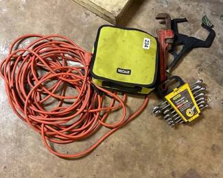 EXTENSION CORD, WRENCHES, RYOBI DRILL, ETC.