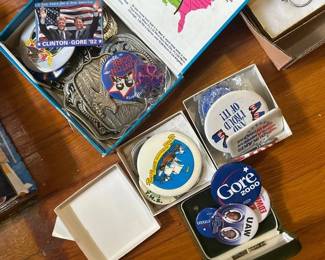 LOT OF PINS AND BELT BUCKLES