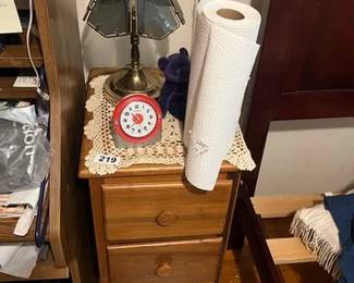 SMALL NIGHTSTAND, LAMP, CLOCK