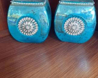 Pair of Turquoise Mercury Glass Candle Holders with Rhinestone Accents