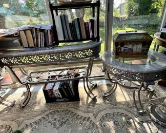 Glass and metal table set, 2 side tables and a sofa / entry table.
