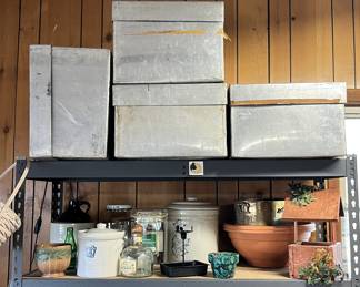 Large metal storage bins, crocks, planting/garden supplies