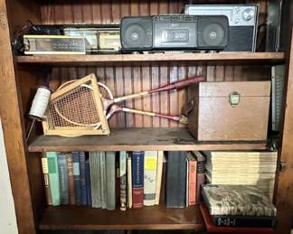 Vintage books, badminton and radios