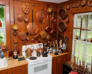 Wonderful collection of antique and vintage copper cookware including hammered copper sauce pans, sauté pans, lids, ladles, mixing bowls, teakettles, funnels, baking and gelatin molds; pieces from the collection of antique 19th century James Edwards Bochara Mulberry transfer ware china including coffee pot, gravy boat, creamer, made in Staffordshire England (soon, more photos showing the collection)