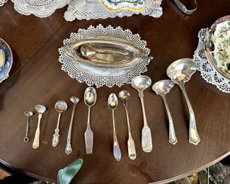Silver ladles, sugar spoons, serving spoons; sterling silver oblong tray, sugar tongs