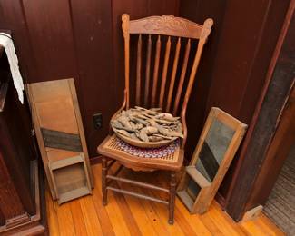 Primitive antique cabbage/slaw vegetable slicers, antique wooden pressed back spindle chair with caned seat