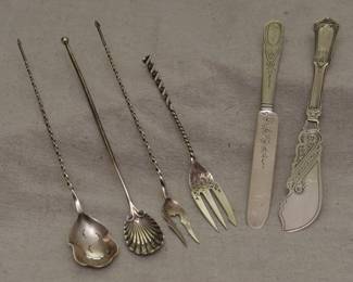Sterling silver spiral butter picks, pierced spoons, olive spoon/spear tip, cocktail spoons, a master butter knife