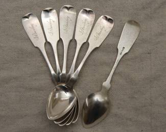C. A. Burr Antique American Civil War era sterling silver spoons; monogrammed, hallmarked. C. A. Burr & Co was a silversmith company active in Rochester, New York, from 1857 to 1863. 