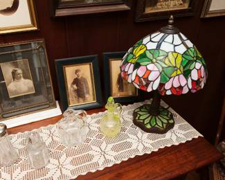 Another view of the glassware and stained glass lamp
