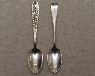 Berry by Whiting sterling silver teaspoon w/ blueberries; and a vintage silver spoon with bead trim 