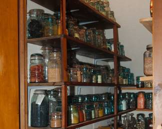 Large collection of vintage Ball jars with glass lids; four Le Creuset enameled cast iron Dutch ovens