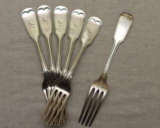 Early 20th century Tiffany & Co. sterling silver forks, "Fiddle" pattern; monogrammed