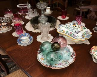 A collection of vintage brilliant cut glass crystal knife rests, cranberry cut to clear glass tumblers, Aynsley England porcelain cup and saucer, a 19th EAPG C. Adams & Company Glass Factory "thousand eye" clear glass spoon holder, Ashworth Brothers Hanley porcelain vegetable tureen and cover, a collection of antique Japanese blown glass fishing floats