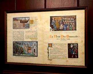 One of two framed sets of pages of pages from Raymond Escholier’s “La Fleur Des Manuscrits de la Collection Dutuit” published in a 1920's copy of L'Illustration, a French illustrated weekly newspaper published in Paris. Raymond Escholier (25 December 1882 – 19 September 1971) was a French journalist, novelist and art critic. He was curator of the Maison de Victor Hugo and of the Petit Palais.