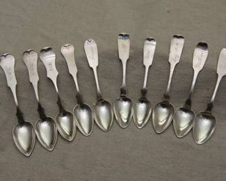 Antique silver teaspoons, each with engraved monograms